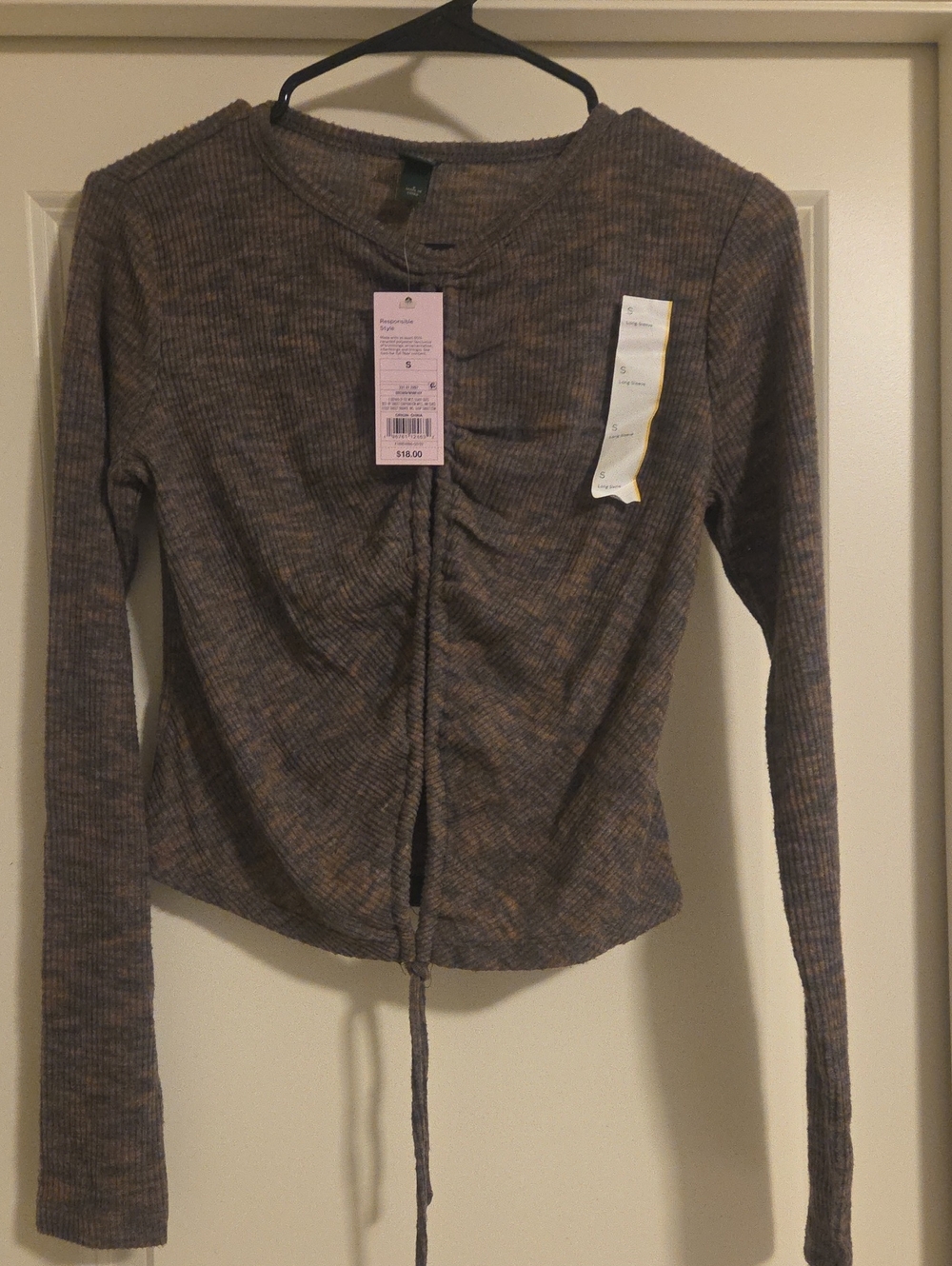 wild fable Brown Mix Ribbed Long-Sleeve Top with Front Drawstring